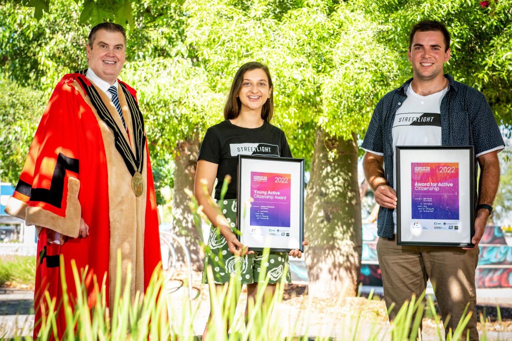 image of Ben and Jess of Streetlight receiving their awards for Playford Mayor